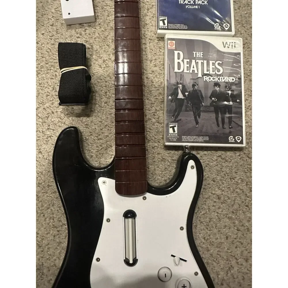 Nintendo Wii Rock Band Guitar w Dongle Strap 2 Games RockBand Track Pack Tested